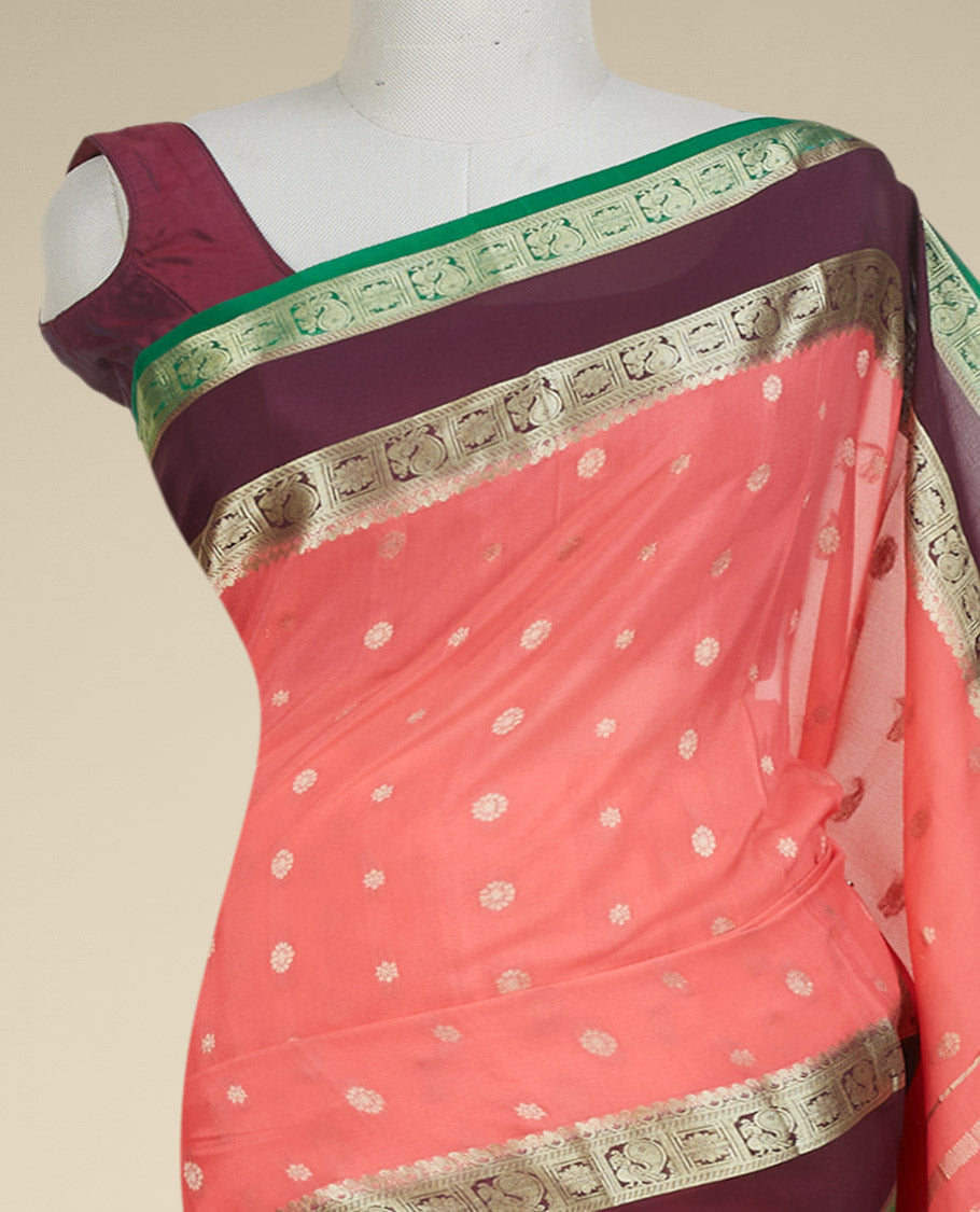 Pink mysore silksaree with zari buttas, contrast rettai pettu border of peacock & floral designs & pallu of jaal design