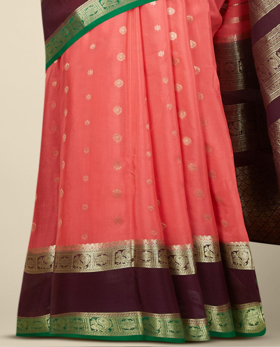 Pink mysore silksaree with zari buttas, contrast rettai pettu border of peacock & floral designs & pallu of jaal design