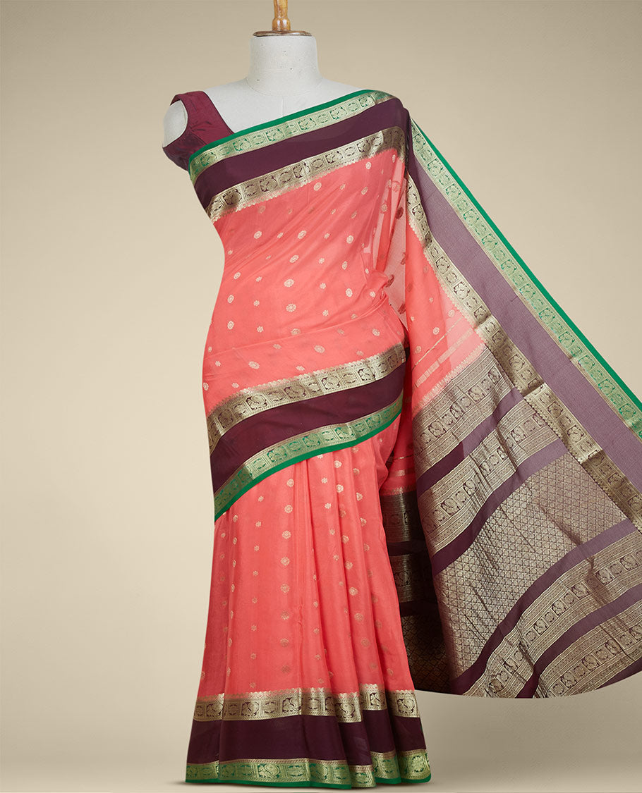 Pink mysore silksaree with zari buttas, contrast rettai pettu border of peacock & floral designs & pallu of jaal design