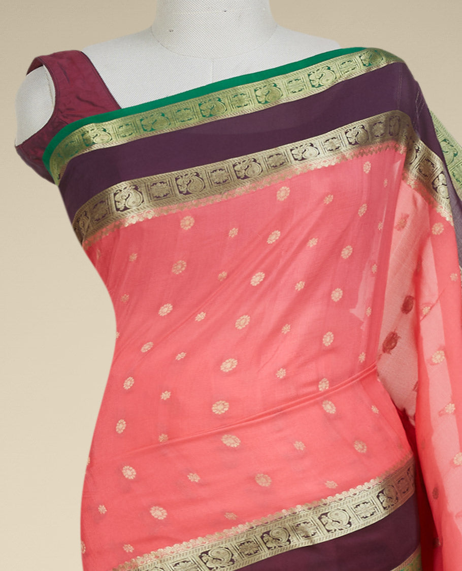 Pink zari buttas mysore silk saree, contrast rettai pettu border of peacock & floral designs & pallu of jaal designs