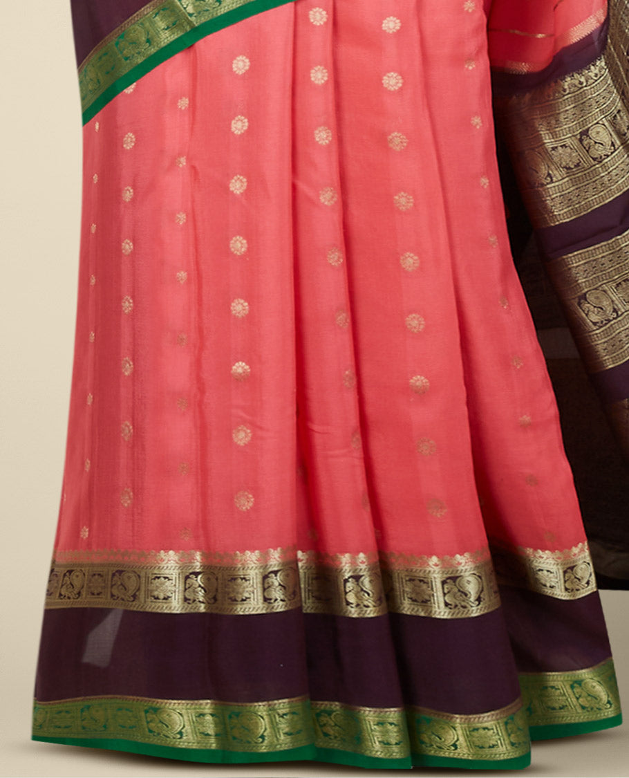Pink zari buttas mysore silk saree, contrast rettai pettu border of peacock & floral designs & pallu of jaal designs