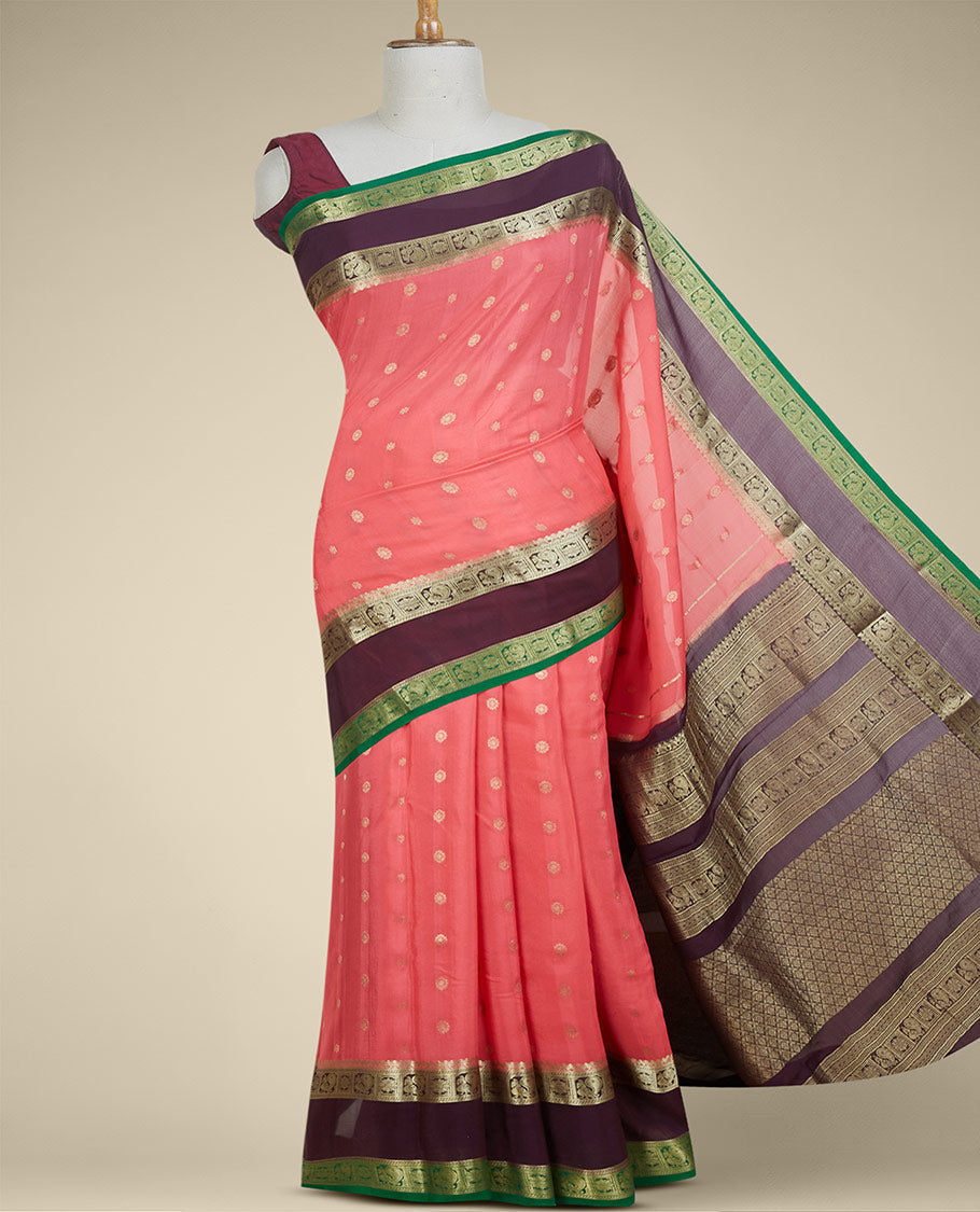 Pink zari buttas mysore silk saree, contrast rettai pettu border of peacock & floral designs & pallu of jaal designs