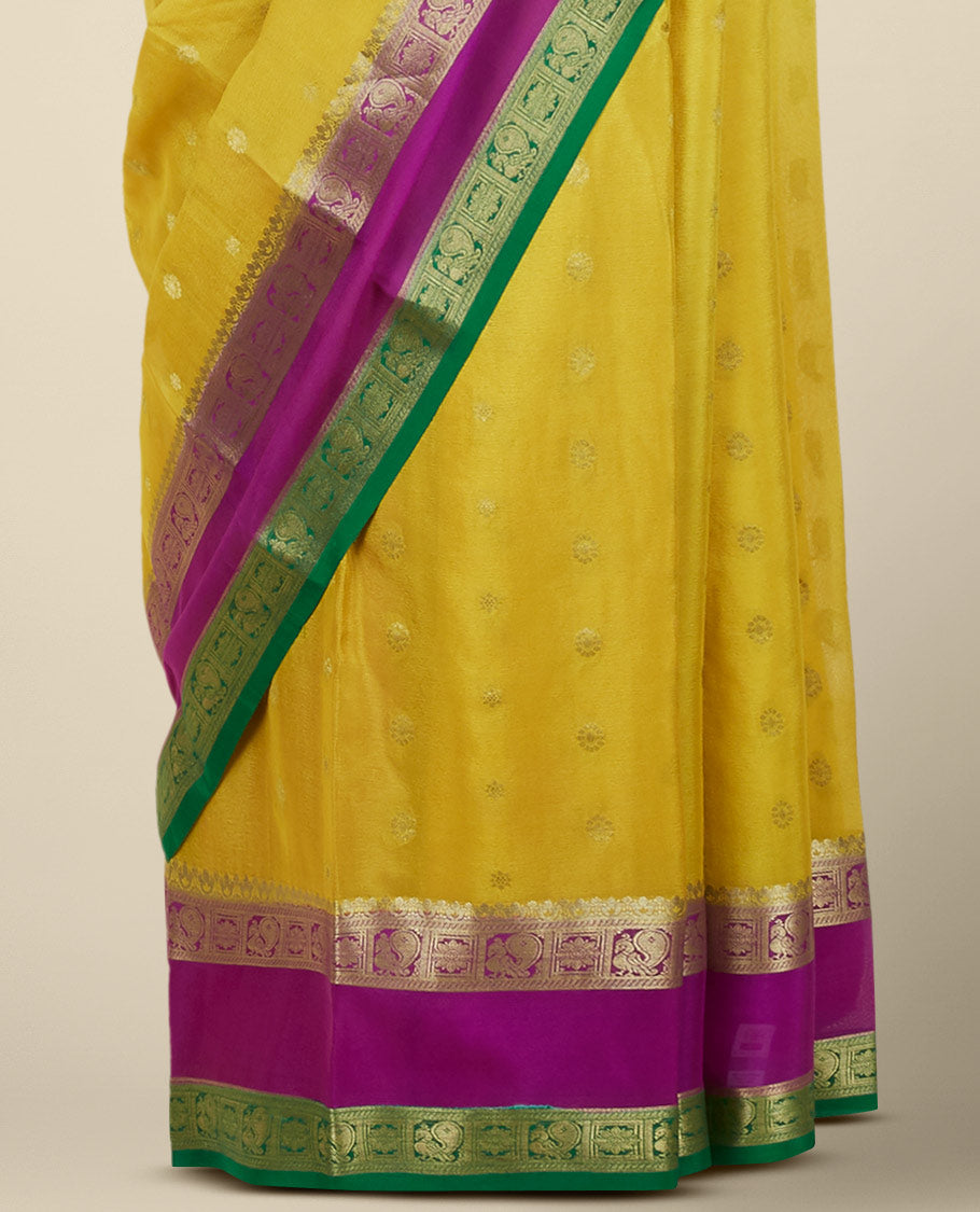 Yellow zari buttas mysore silk saree, contrast rettai pettu border of peacock & floral designs & pallu of jaal designs