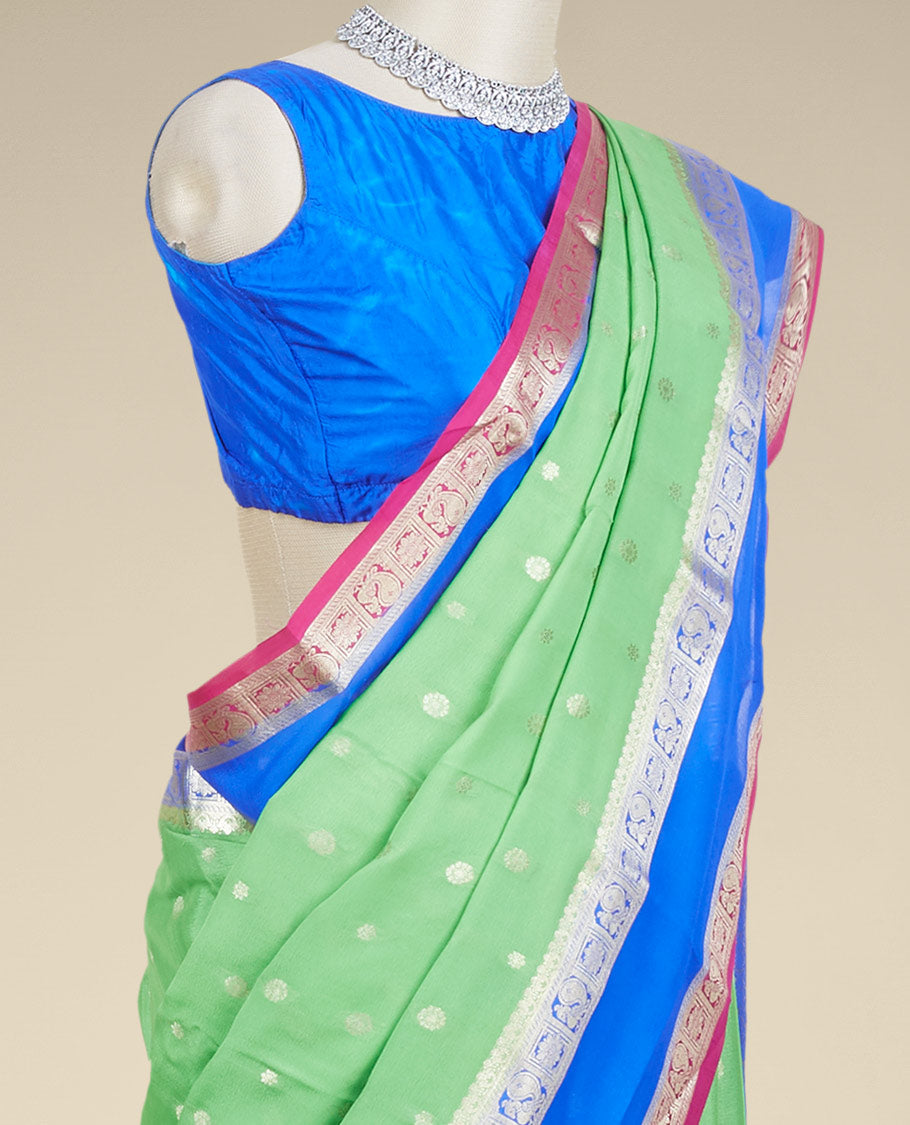 Green zari buttas mysore silk saree, contrast rettai pettu border of peacock & floral designs & pallu of jaal designs