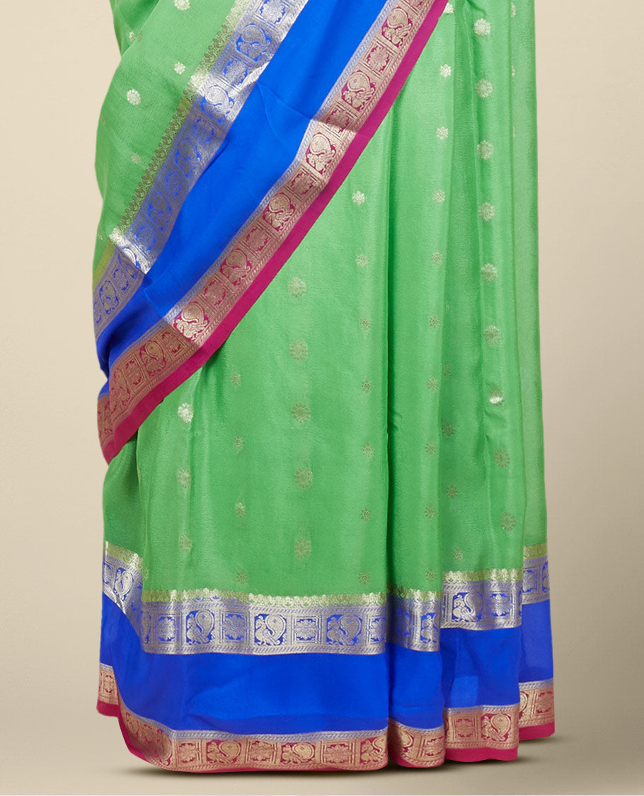 Green zari buttas mysore silk saree, contrast rettai pettu border of peacock & floral designs & pallu of jaal designs
