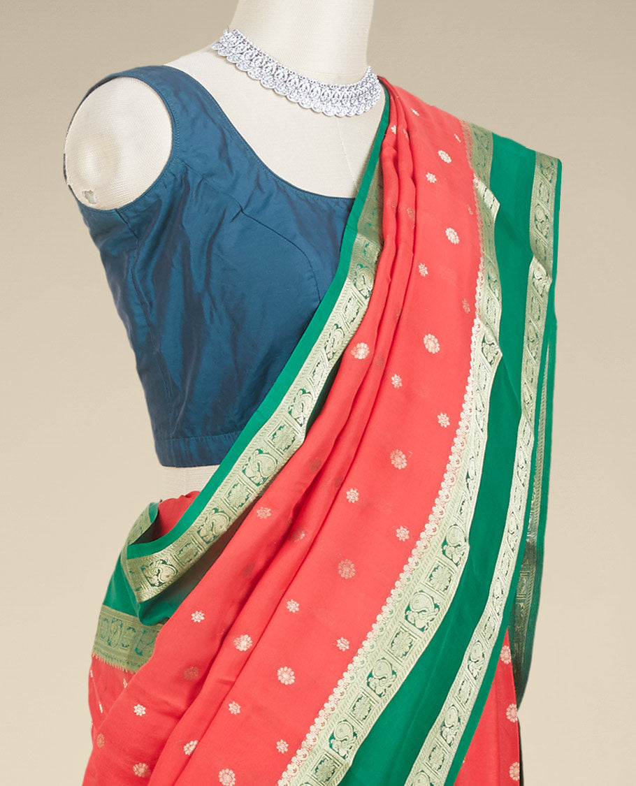 Red zari buttas mysore silk saree, contrast rettai pettu border of peacock & floral designs & pallu of jaal designs