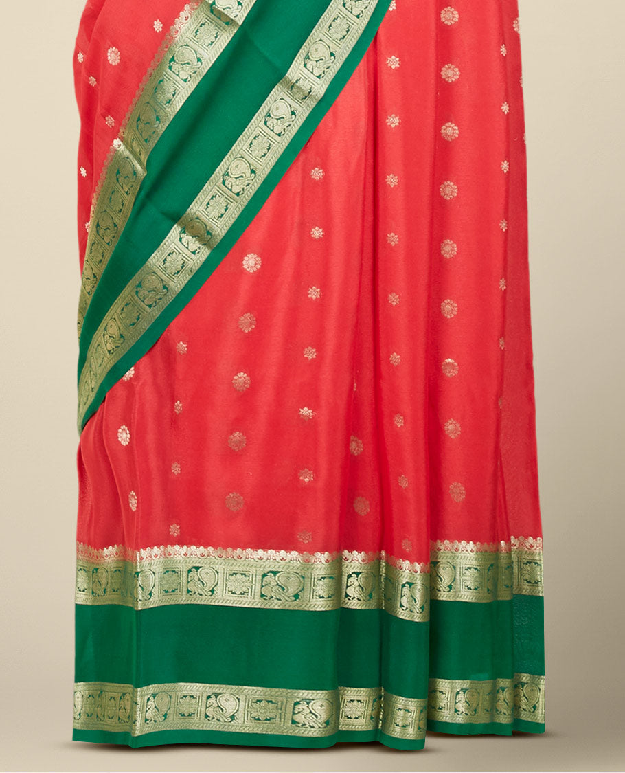 Red zari buttas mysore silk saree, contrast rettai pettu border of peacock & floral designs & pallu of jaal designs
