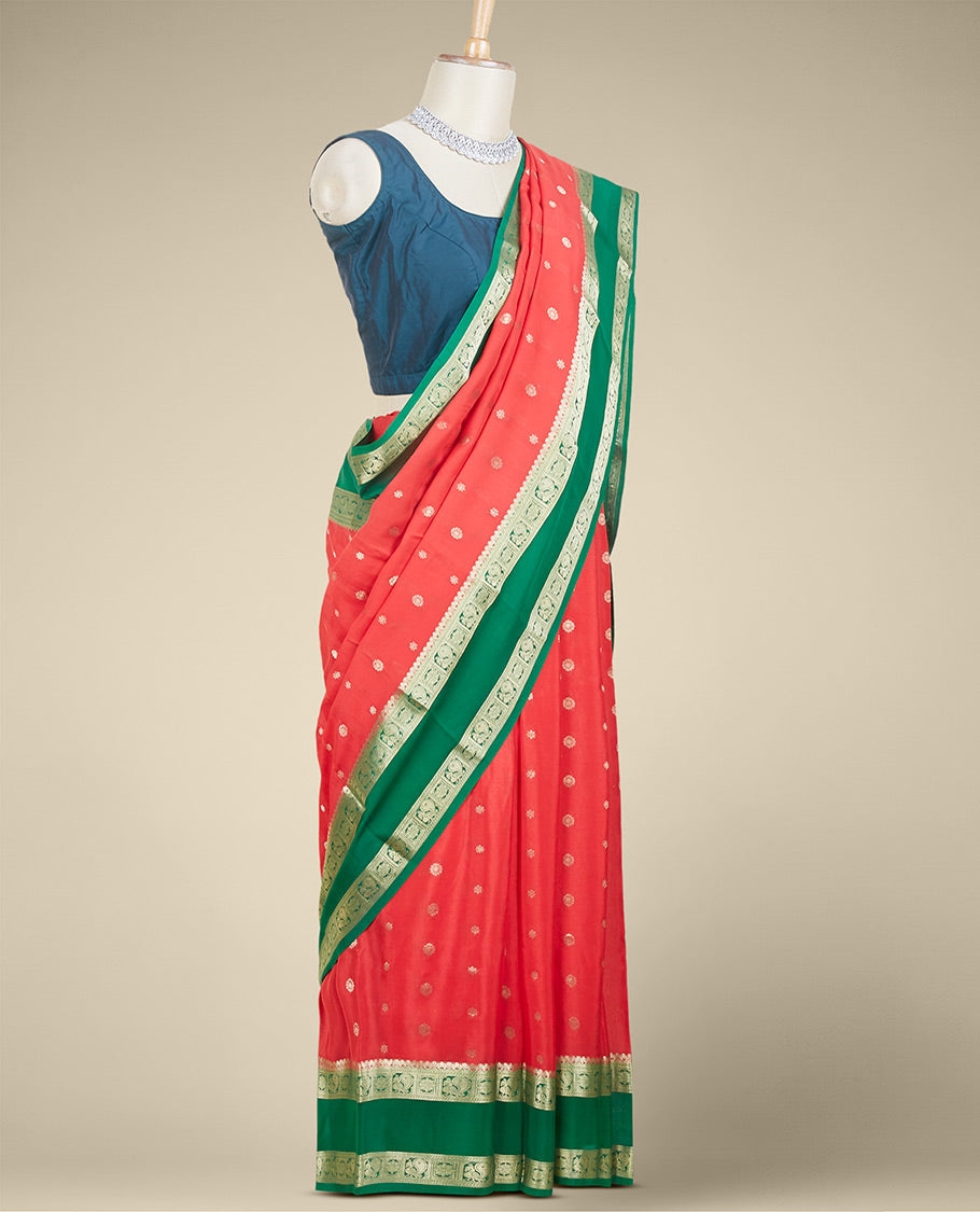 Red zari buttas mysore silk saree, contrast rettai pettu border of peacock & floral designs & pallu of jaal designs
