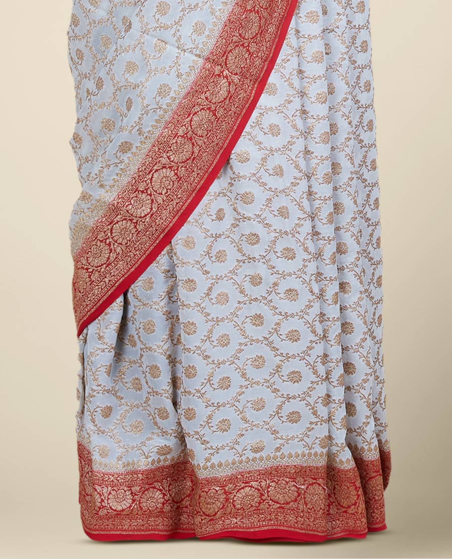 Cream floral jaal jacquard banaras georgette saree, contrast floral creeper border & intricate pallu