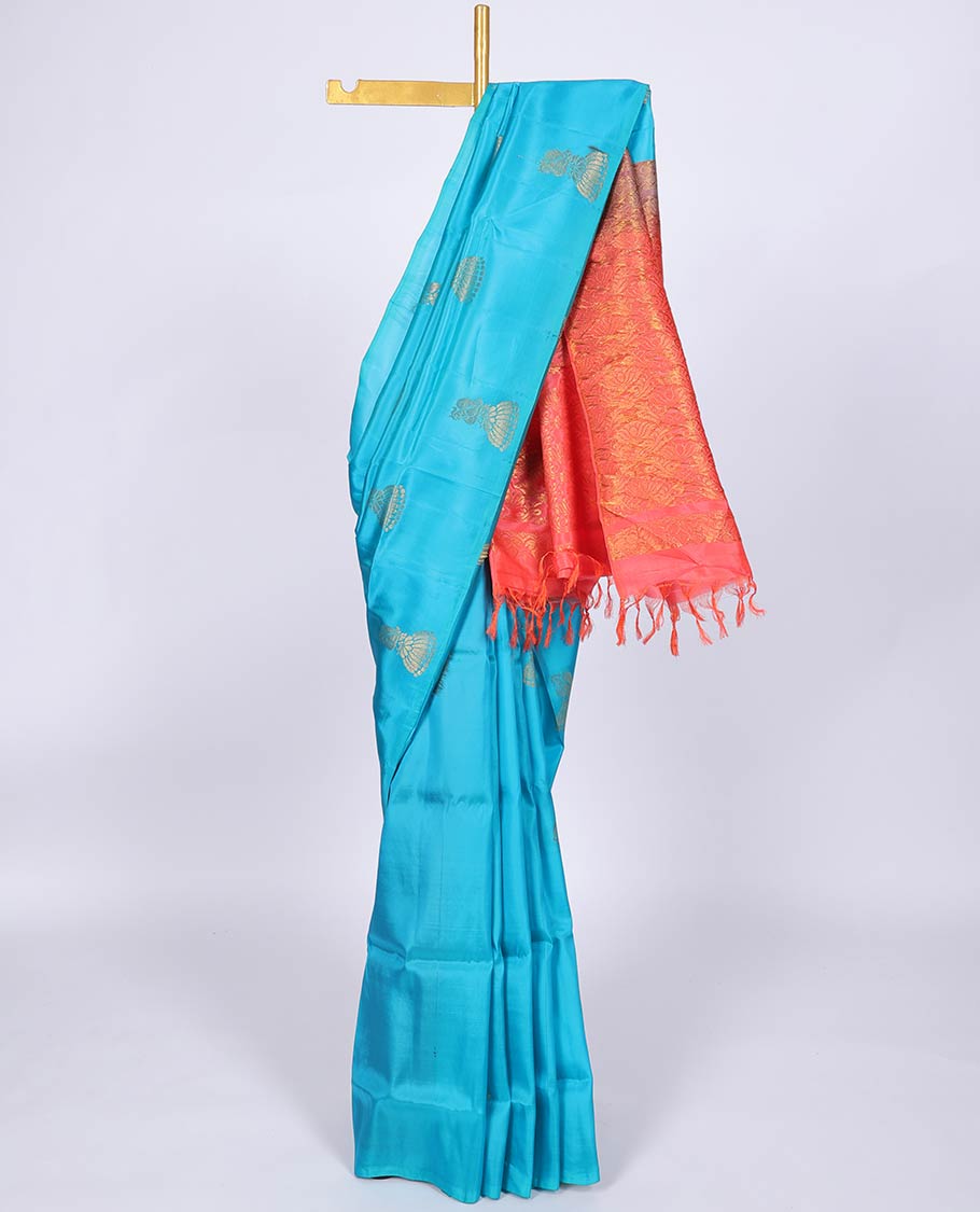 Borderless blue uppada saree with buttas, contrast intricate patterned pallu