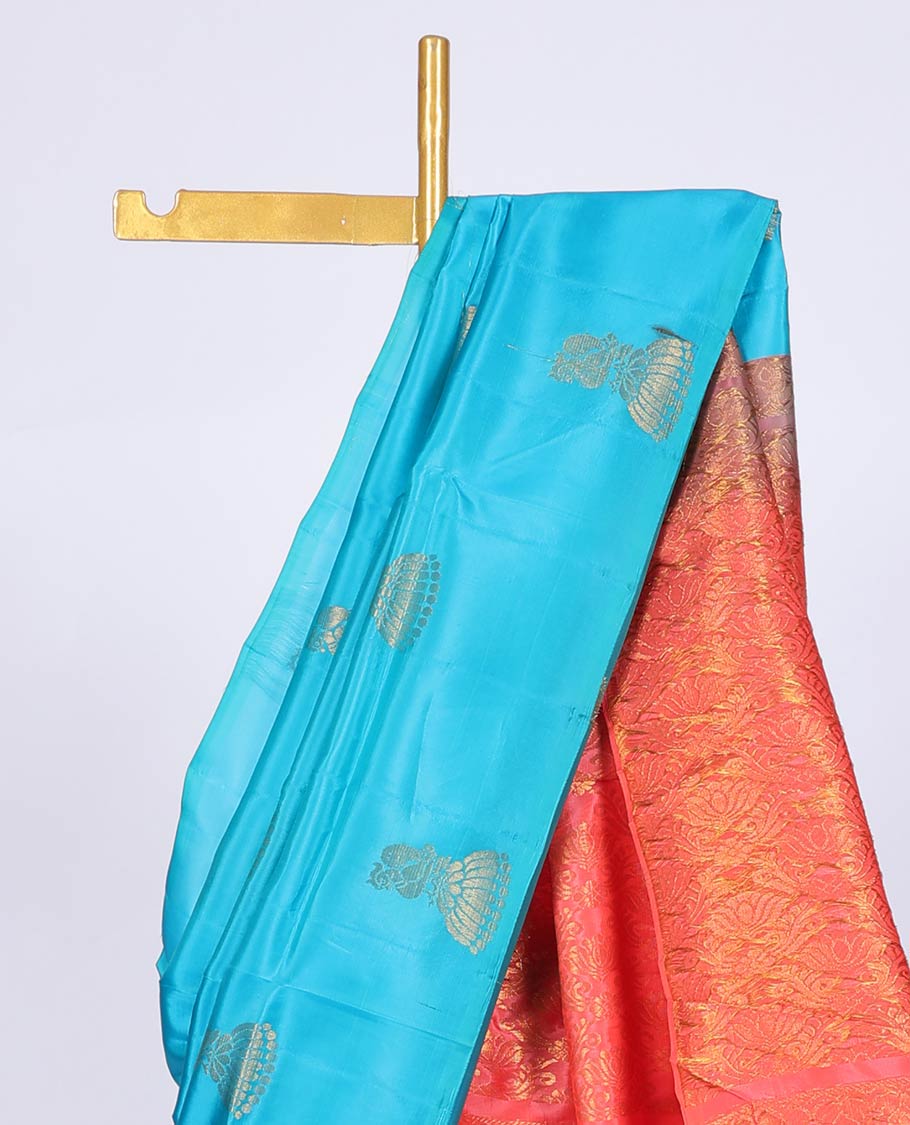Borderless blue uppada saree with buttas, contrast intricate patterned pallu