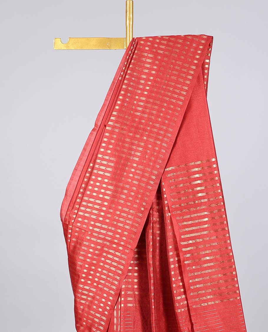 Borderless red Semi banaras jute saree with zari designs,self-pallu of zari designs