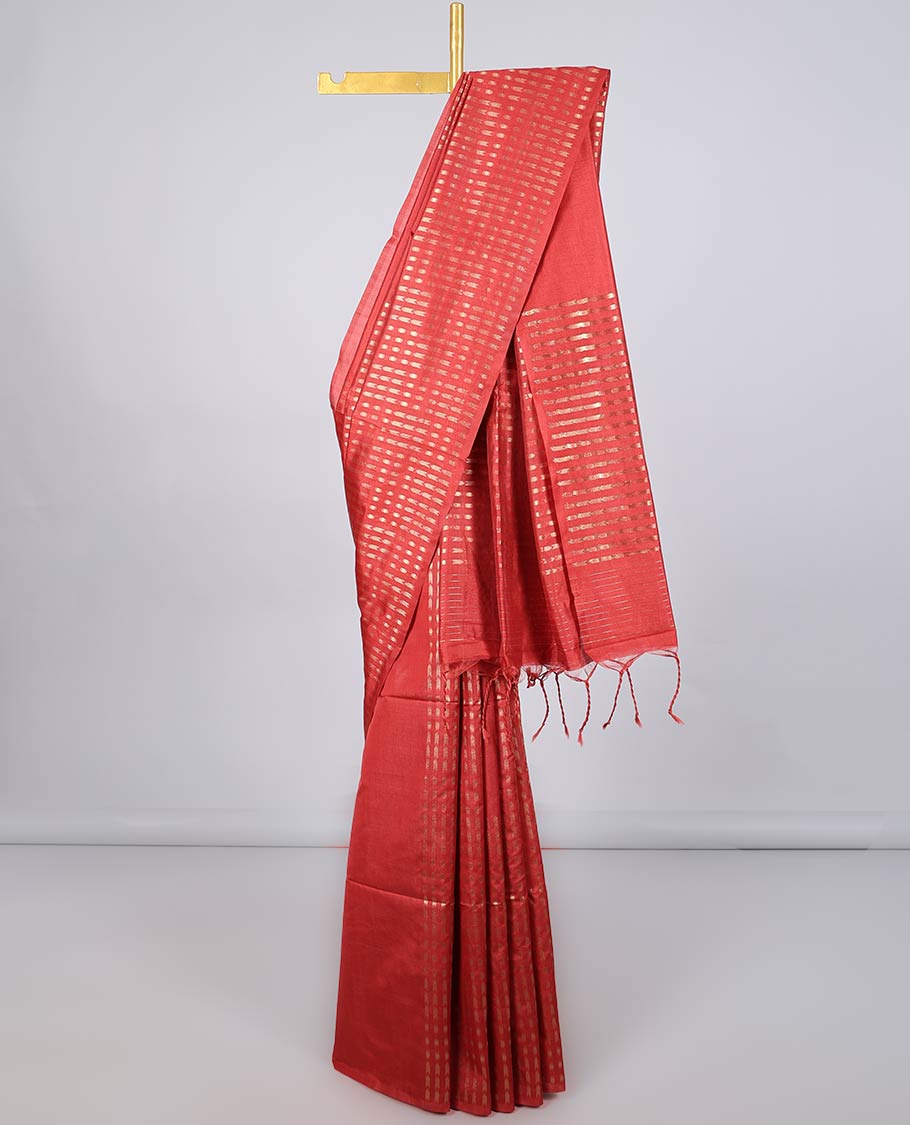 Borderless red Semi banaras jute saree with zari designs,self-pallu of zari designs