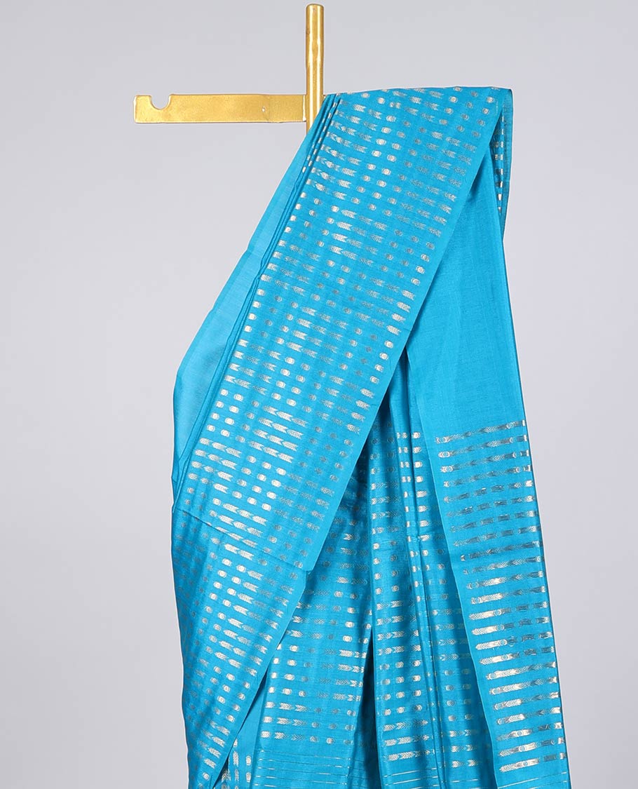 Borderless blue Semi banaras jute saree with zari designs,self-pallu of zari designs