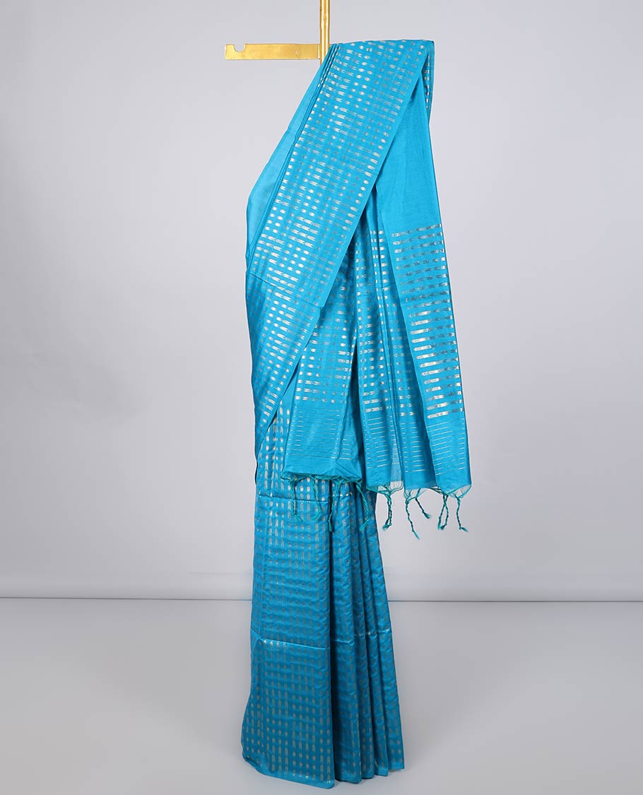 Borderless blue Semi banaras jute saree with zari designs,self-pallu of zari designs