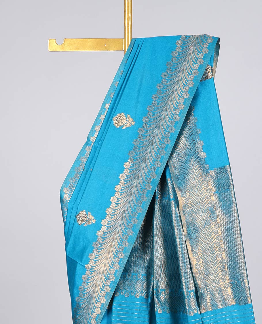 Blue Semi banaras jute saree with zari buttas, zari floral design border & self-pallu of intricate designs