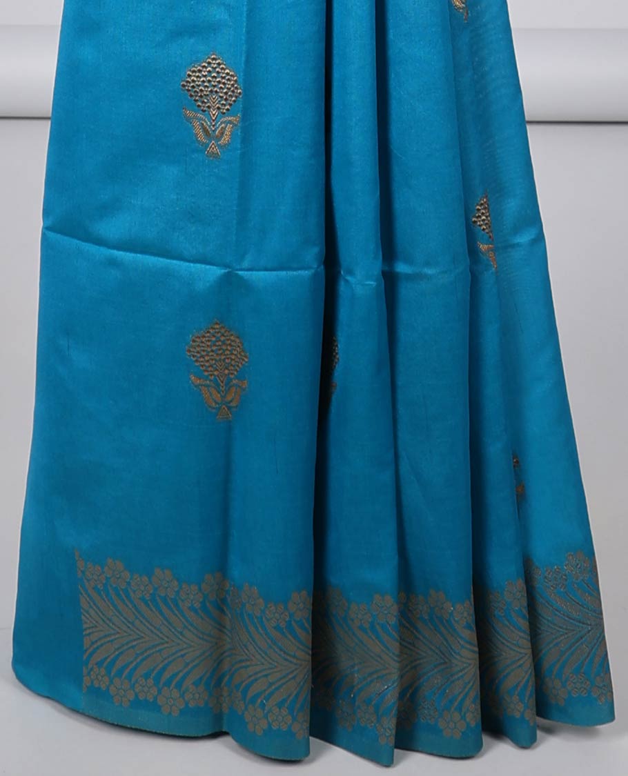 Blue Semi banaras jute saree with zari buttas, zari floral design border & self-pallu of intricate designs