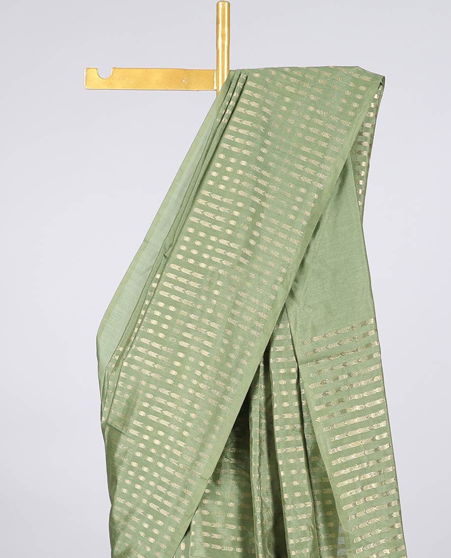 Borderless green Semi banaras jute saree with zari designs,self-pallu of zari designs