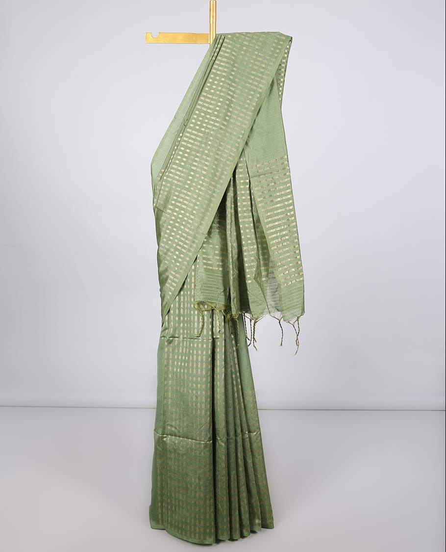 Borderless green Semi banaras jute saree with zari designs,self-pallu of zari designs