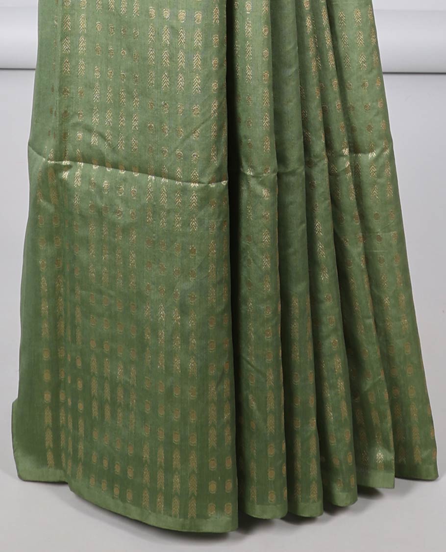 Borderless green Semi banaras jute saree with zari designs,self-pallu of zari designs