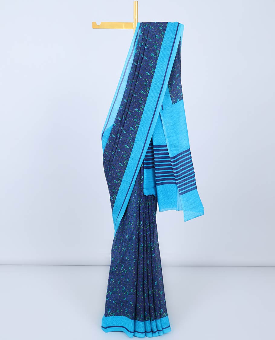 Blue floral vine printed semi banaras crepe saree, contrast chevron striped border & pallu of stripes