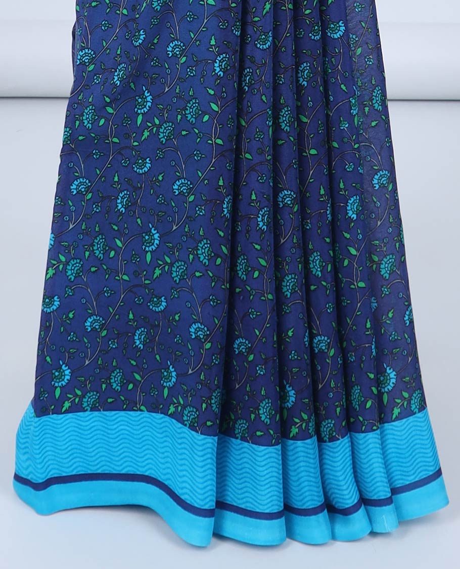Blue floral vine printed semi banaras crepe saree, contrast chevron striped border & pallu of stripes
