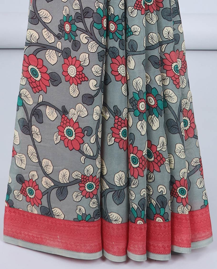 Grey kalamkari-style floral vine printed semi banaras crepe saree, contrast border & pallu of geometric print
