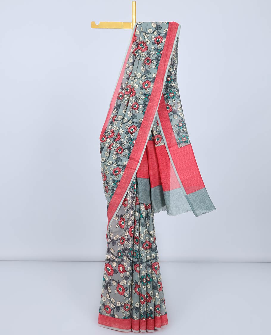 Grey kalamkari-style floral vine printed semi banaras crepe saree, contrast border & pallu of geometric print
