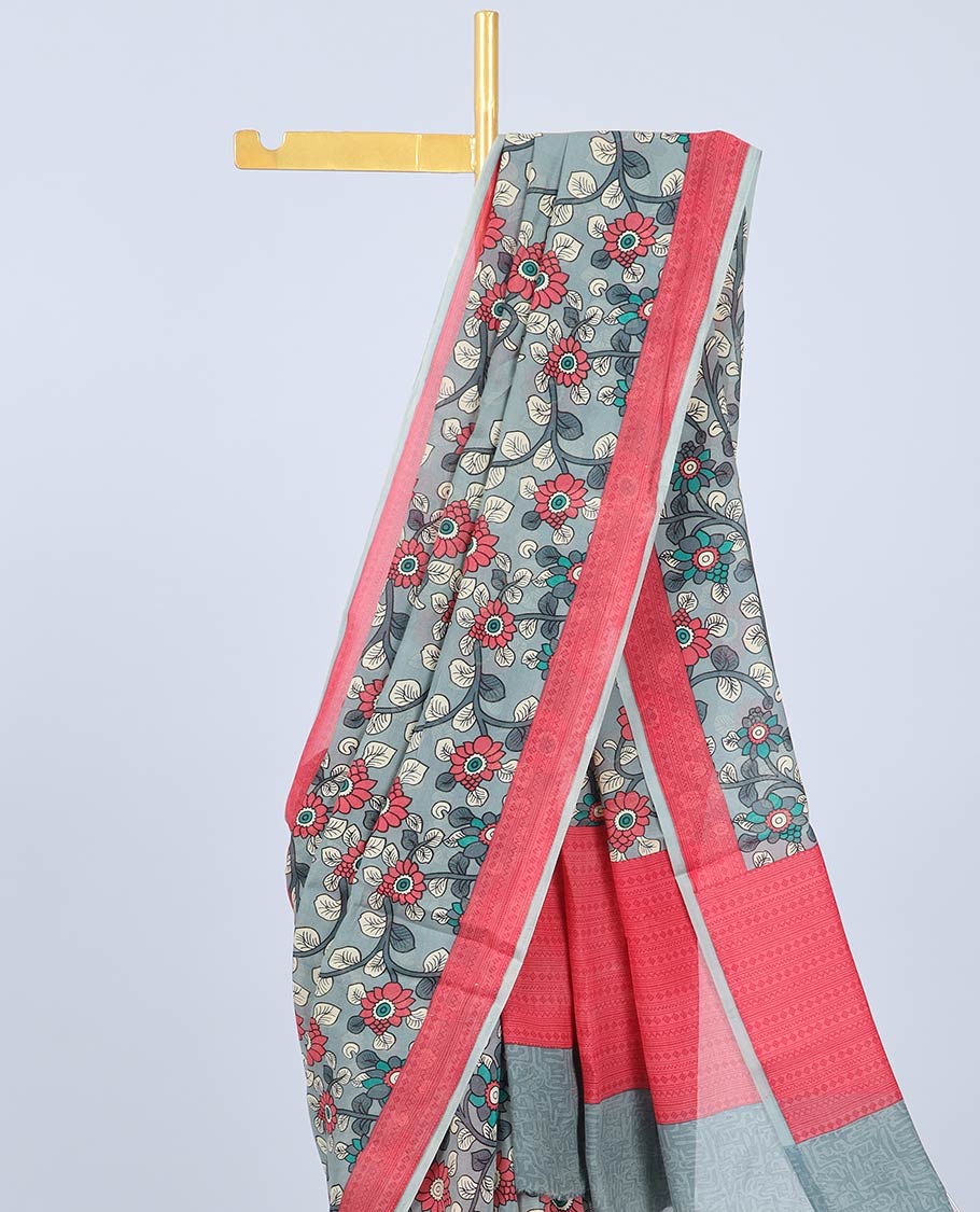 Grey kalamkari-style floral vine printed semi banaras crepe saree, contrast border & pallu of geometric print
