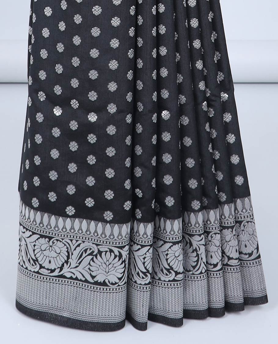 Black semi banaras dola saree with zari buttas, zari border of floral creeper designs & intricately designed pallu