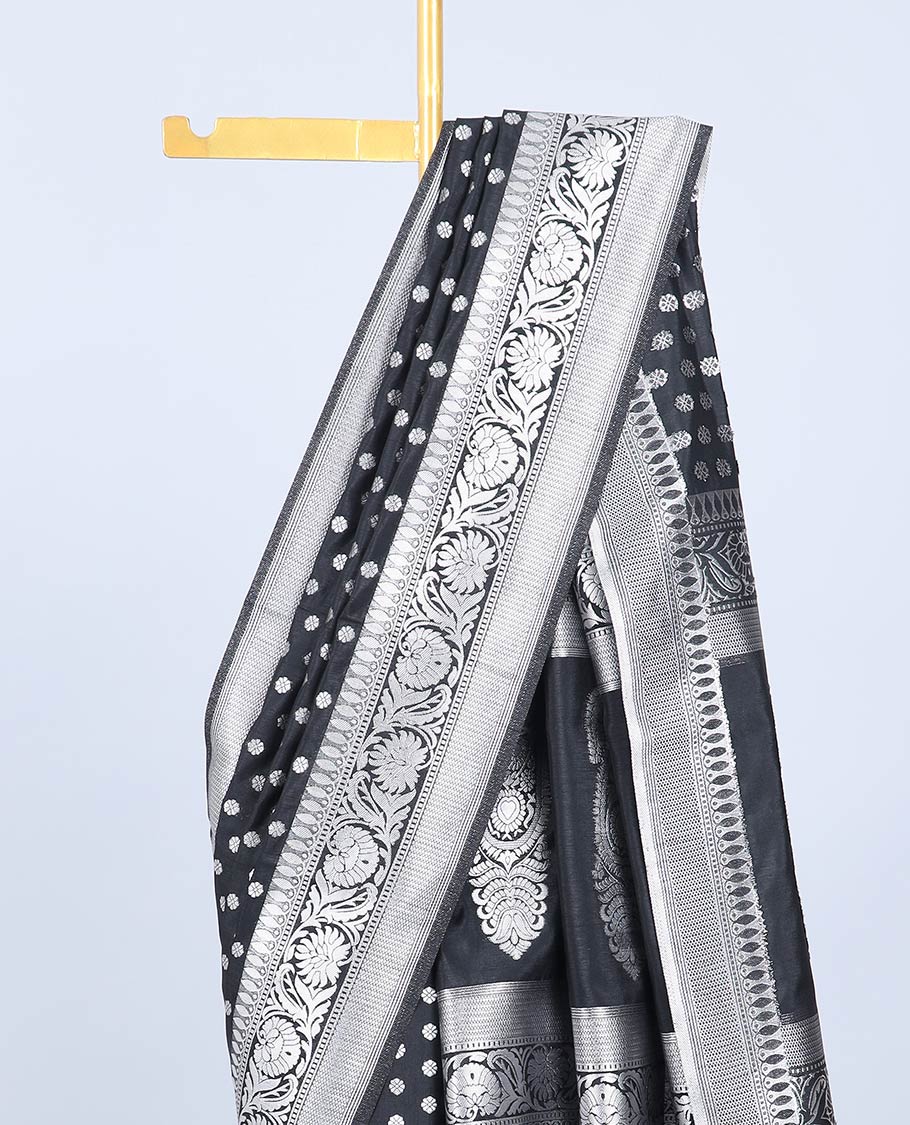 Black semi banaras dola saree with zari buttas, zari border of floral creeper designs & intricately designed pallu