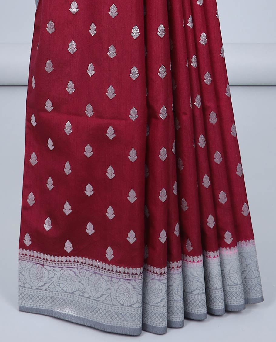 Maroon semi banaras dola saree with zari buttas, contrast zari border & intricately designed pallu