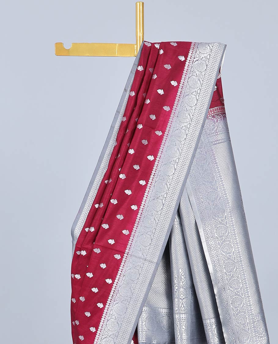 Maroon semi banaras dola saree with zari buttas, contrast zari border & intricately designed pallu