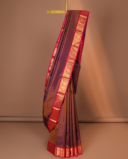 Brown plain kancheepuram silk saree, contrast korvai border of rekku & manga designs  & pallu of jaal designs