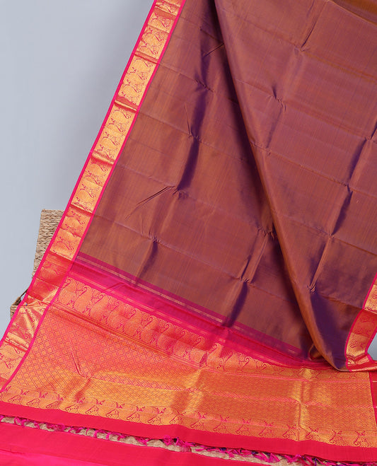 Brown plain kancheepuram silk saree, contrast korvai border of rekku & manga designs  & pallu of jaal designs