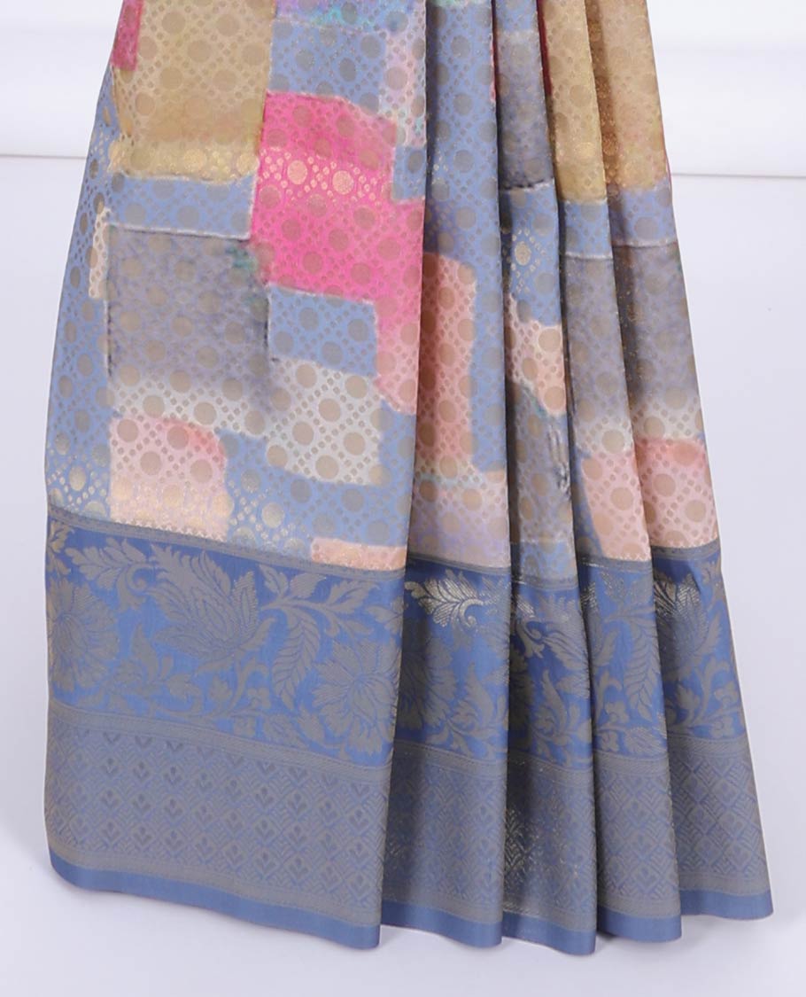 Multi-color abstract print & jaal design fancy soft silk saree, contrast floral design border & intricate pallu