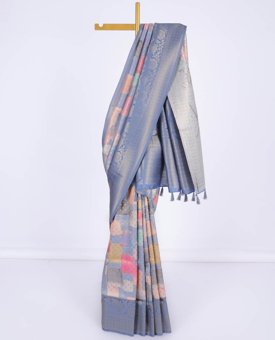 Multi-color abstract print & jaal design fancy soft silk saree, contrast floral design border & intricate pallu