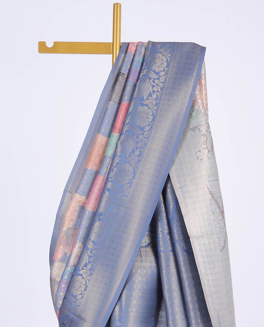 Multi-color abstract print & jaal design fancy soft silk saree, contrast floral design border & intricate pallu