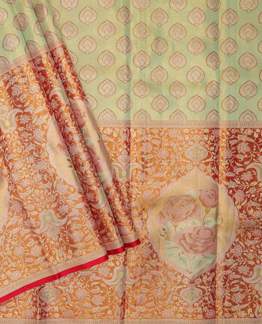 Green jacquard pure-silk half saree,contrast jacquard blouse & big border of floral designs & intricate dhavani