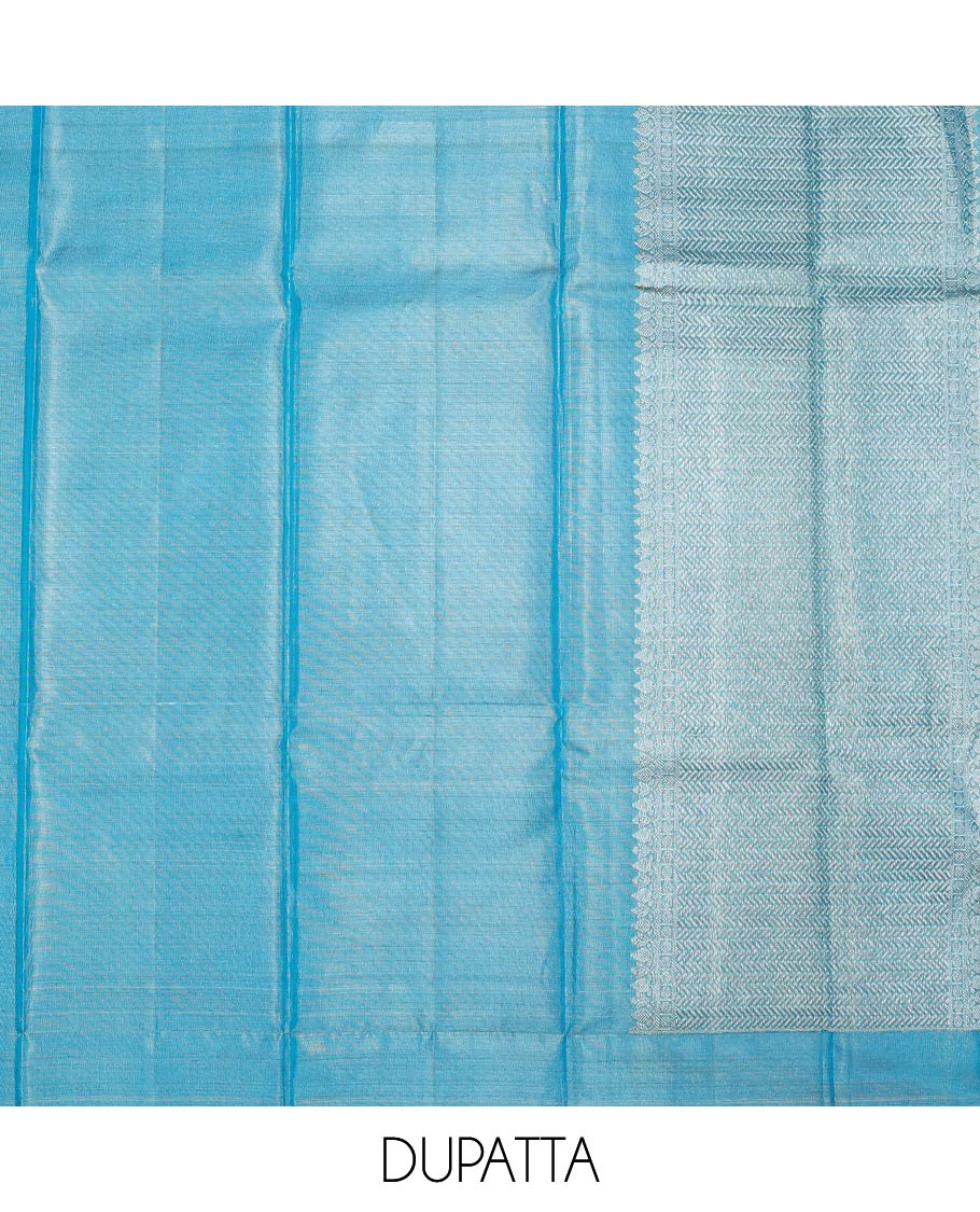 Yellow jacquard pure-silk half saree, contrast blouse, border of floral designs & dhavani of intricate designs