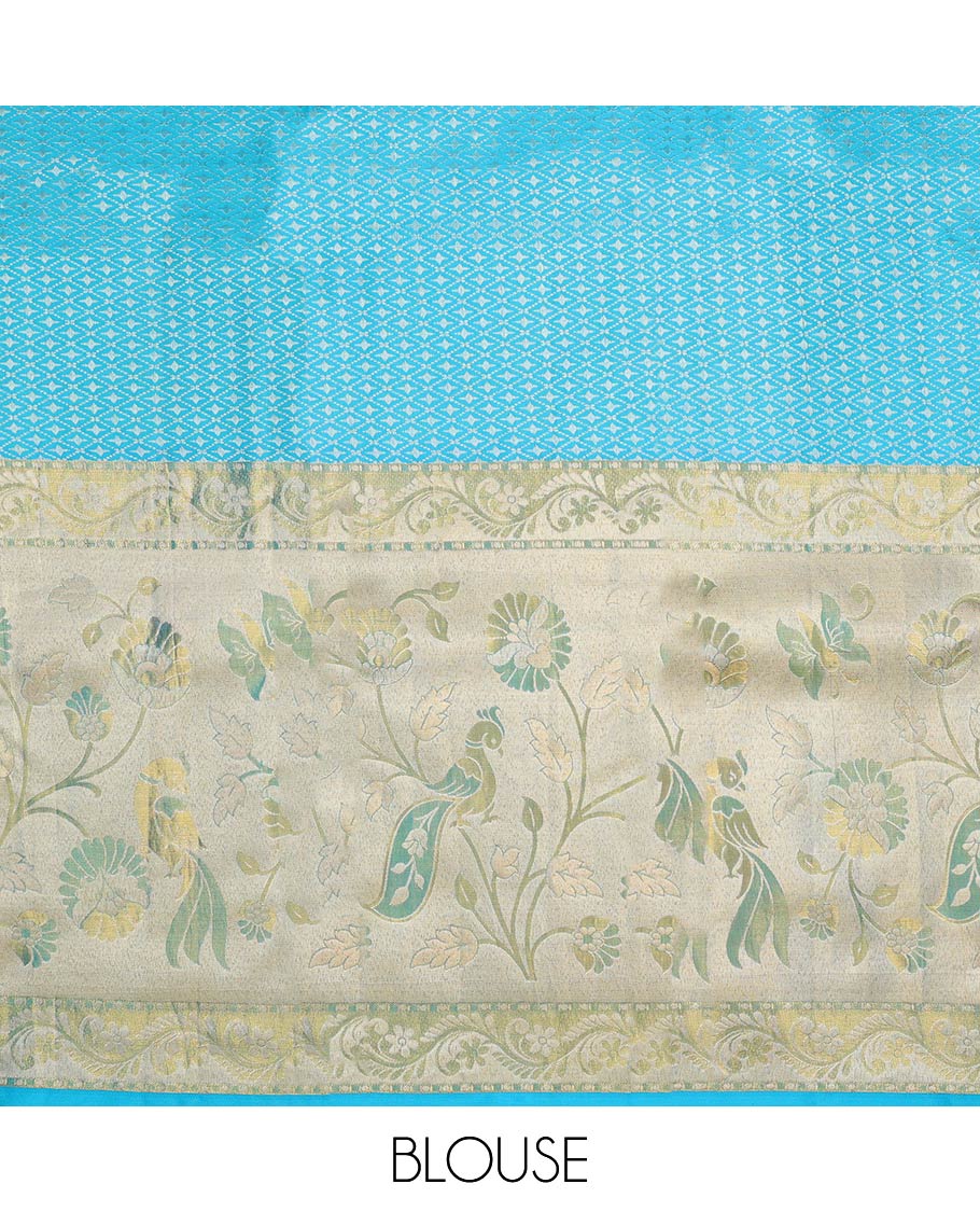 Yellow jacquard pure-silk half saree, contrast blouse, border of floral designs & dhavani of intricate designs