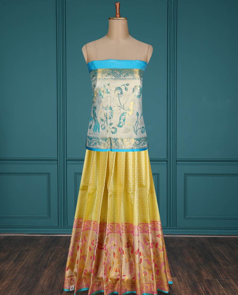 Yellow jacquard pure-silk half saree, contrast blouse, border of floral designs & dhavani of intricate designs