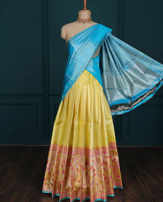 Yellow jacquard pure-silk half saree, contrast blouse, border of floral designs & dhavani of intricate designs