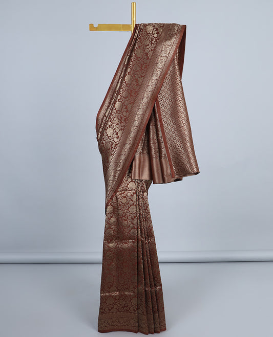 Brown jacquard fancy Softy saree, traditional zari border & pallu of jaal designs