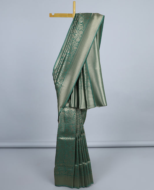 Green floral jaal jacquard fancy softy saree, traditional zari border & pallu of floral designs