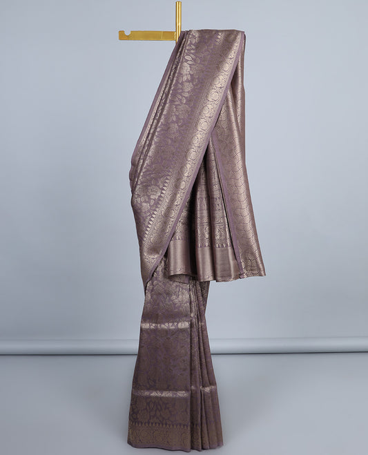 English violet floral jacquard fancy softy saree, floral creeper zari border & pallu of traditional designs