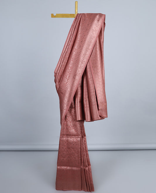 Rose gold pink floral jacquard fancy softy saree, floral creeper zari border & pallu of intricate designs