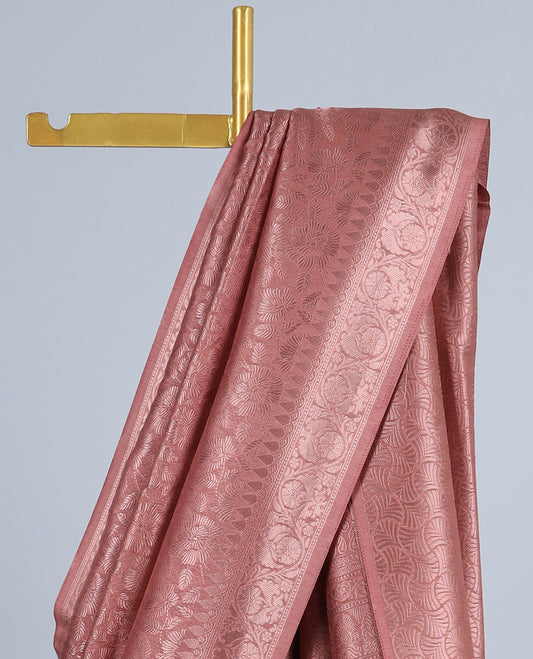 Rose gold pink floral jacquard fancy softy saree, floral creeper zari border & pallu of intricate designs