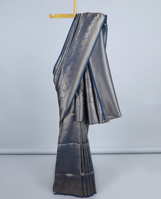 Blue jacquard fancy softy saree, zari border & pallu of traditional designs