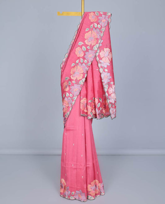Pink thread floral vine embroidered semi-banaras jute saree with buttas, scallop embroidered border